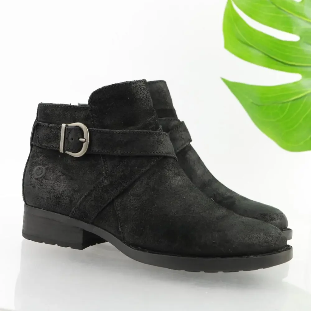 Born Womens Jorgette Boots Size 7.5 Black Suede Distressed Bootie Buckle Lo Heel